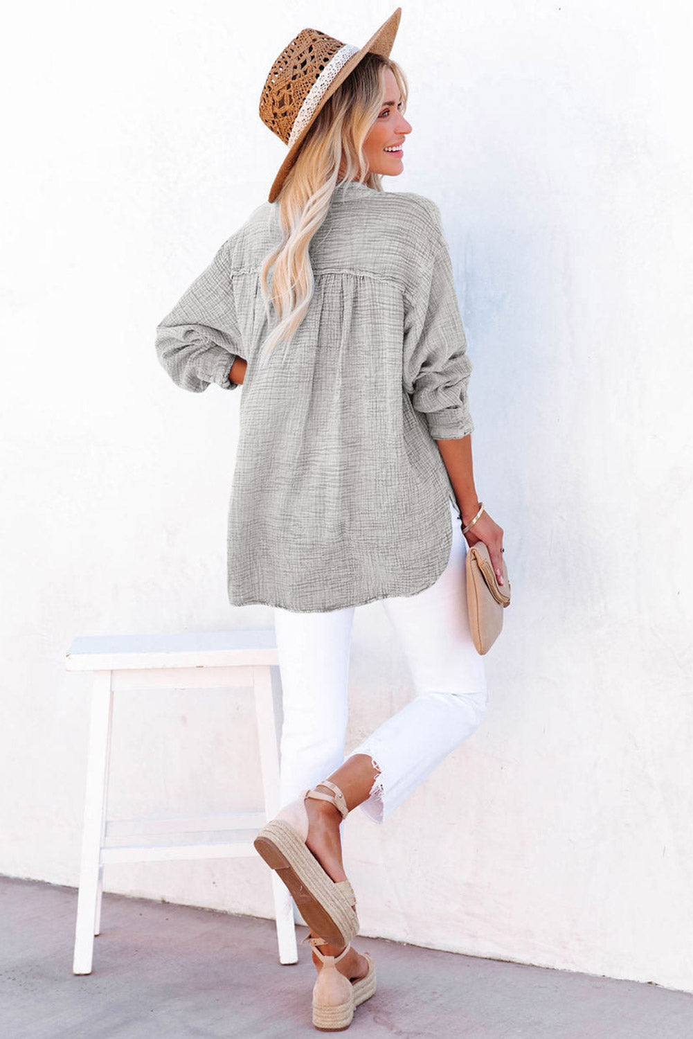 Sky Blue Loose Crinkle Button V Neck Henley Top
