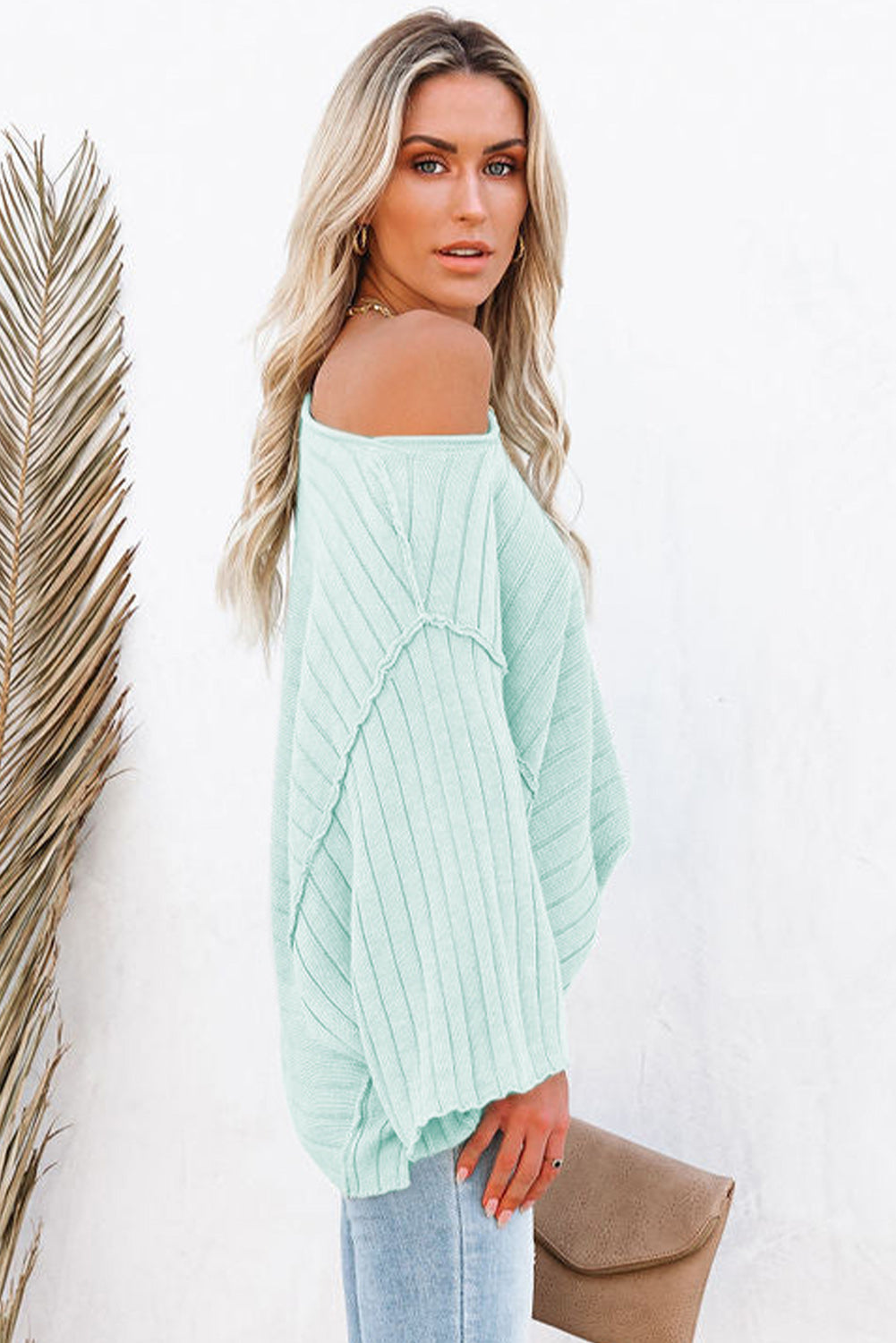 Apricot Solid Color Ribbed Knit 3/4 Sleeve Pullover Sweater