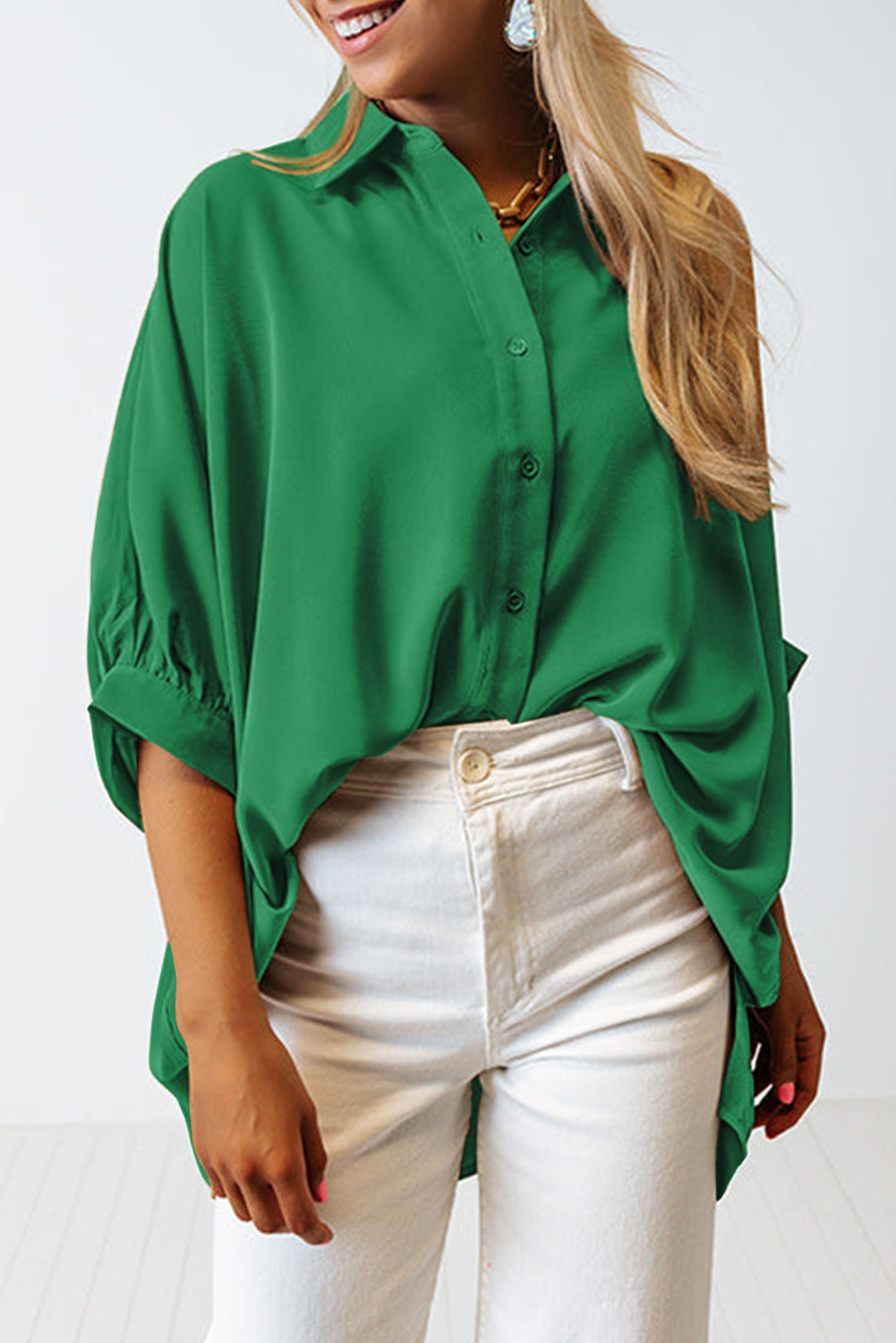 Green 3/4 Batwing Sleeve Oversize Button Up Shirt