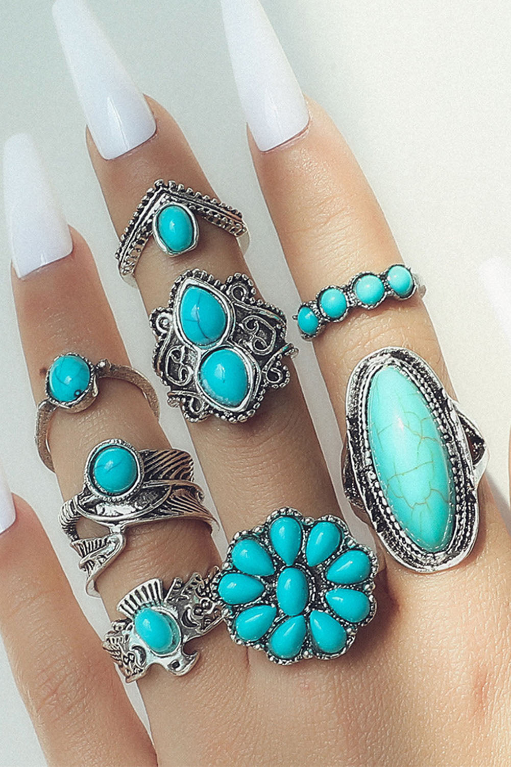 Green 8Pcs Vintage Western Turquoise Ring Set