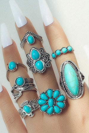 Green 8Pcs Vintage Western Turquoise Ring Set