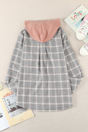 Black Plaid Drawstring Hooded Shacket