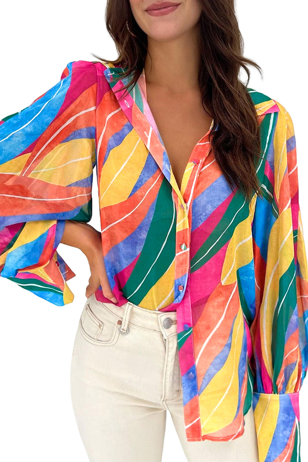 Multicolor Swirl Color Block Print Lantern Sleeve Shirt