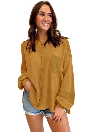 Black Waffle and Crinkle Patchwork Long Sleeve Top