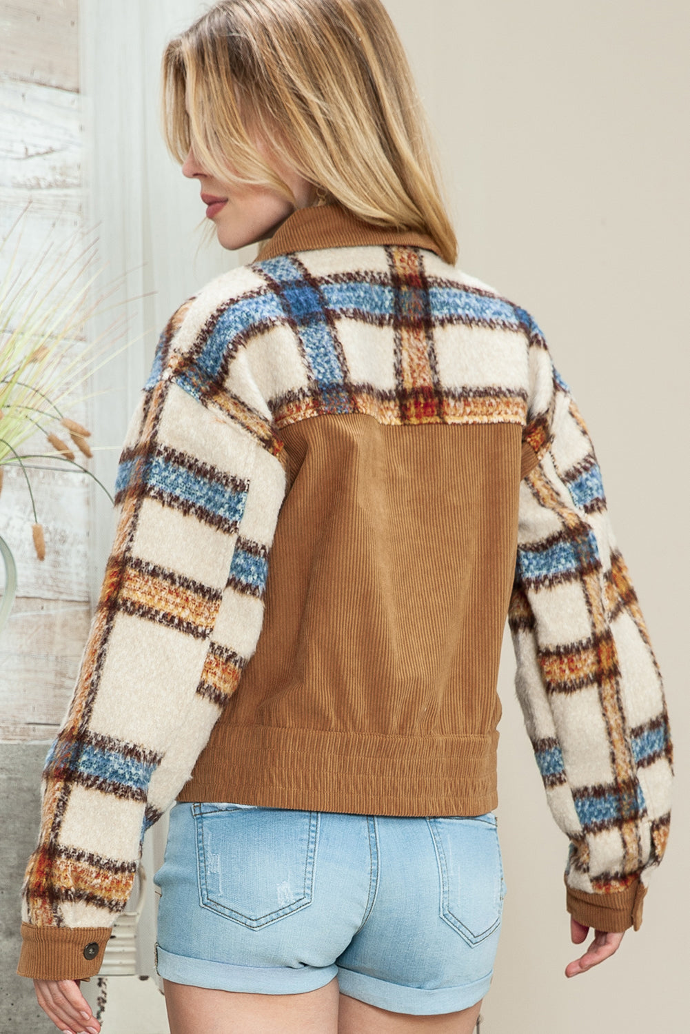 Green Plaid Corduroy Flap Pockets Boxy Chunky Jacket