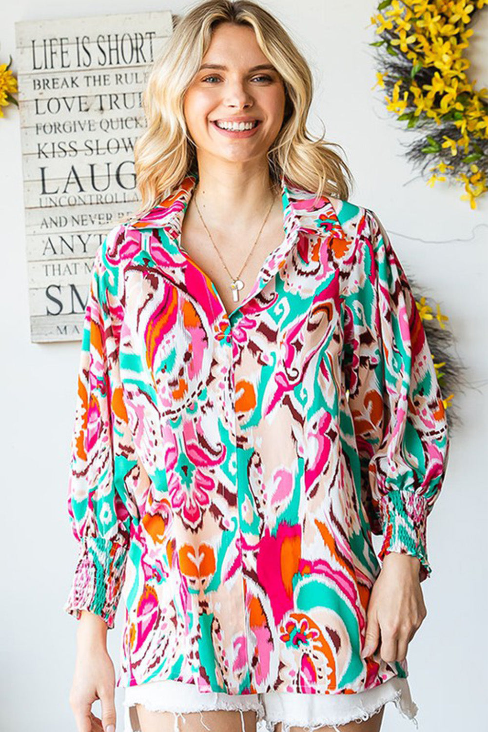 Sky Blue Paisley Print Lantern Sleeve Shirred Cuffs Blouse