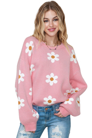 Black Floral Pattern Drop Shoulder Knit Sweater