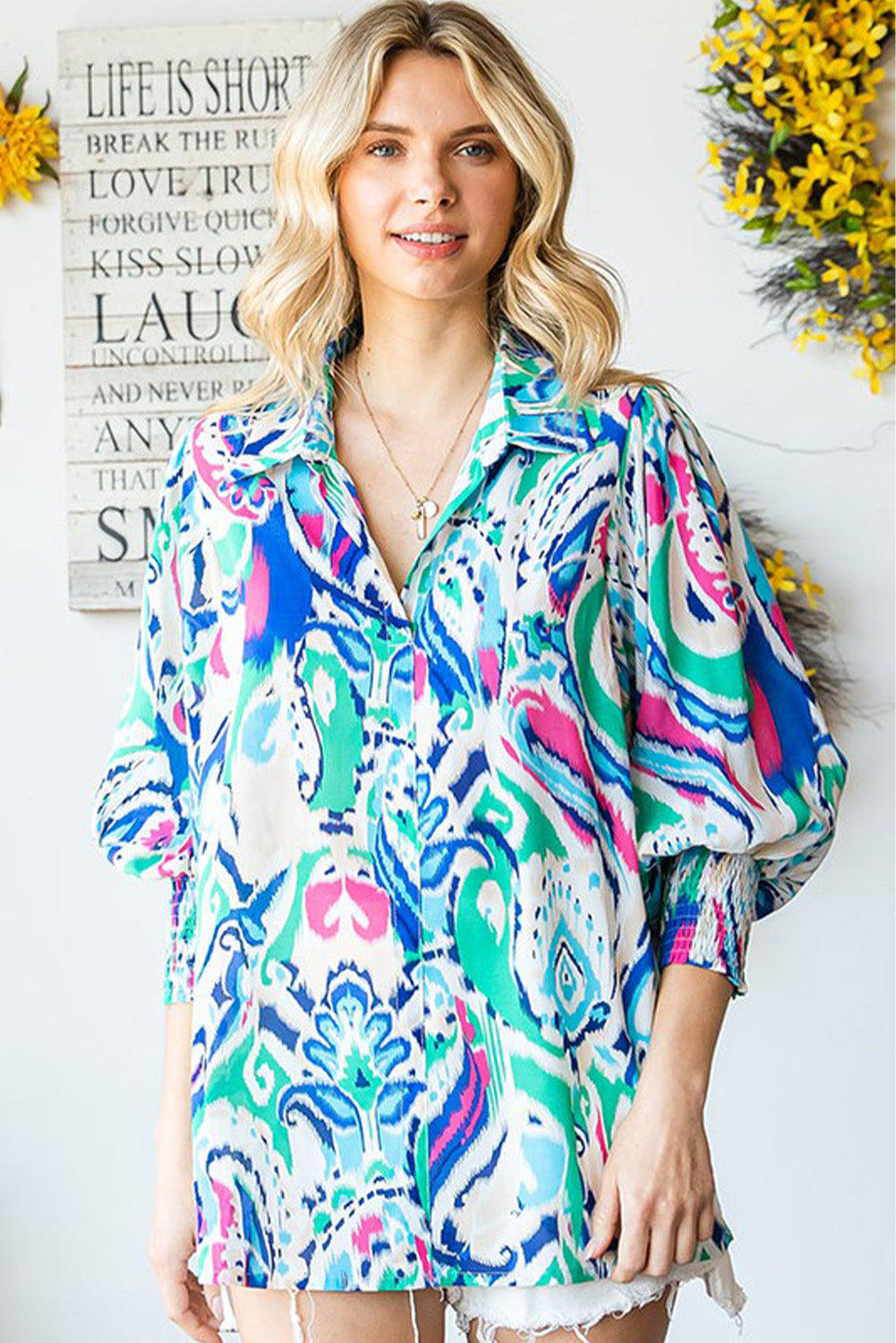 Sky Blue Paisley Print Lantern Sleeve Shirred Cuffs Blouse