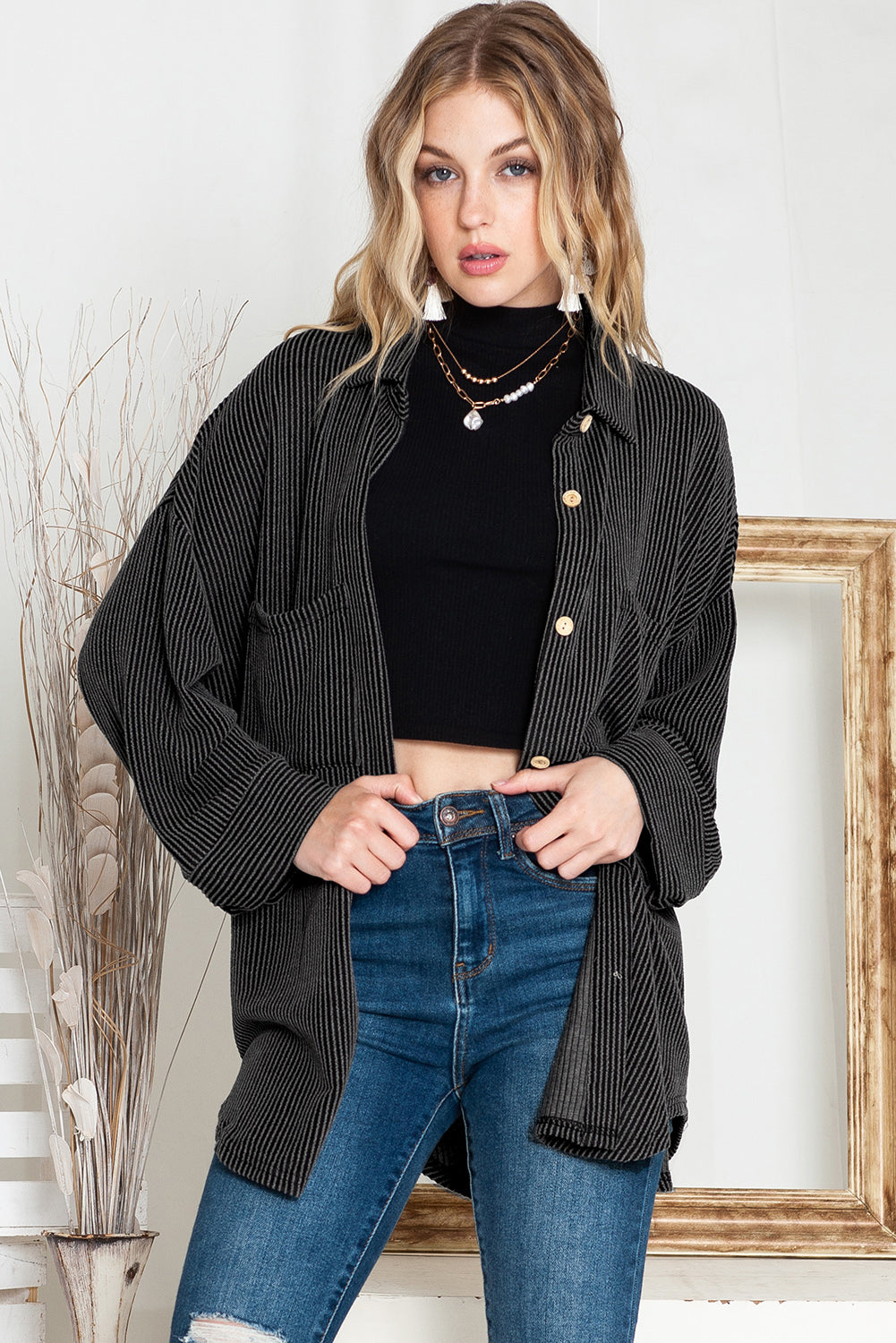 Pink Solid Color Textured Roll Tab Sleeve Shirt Shacket