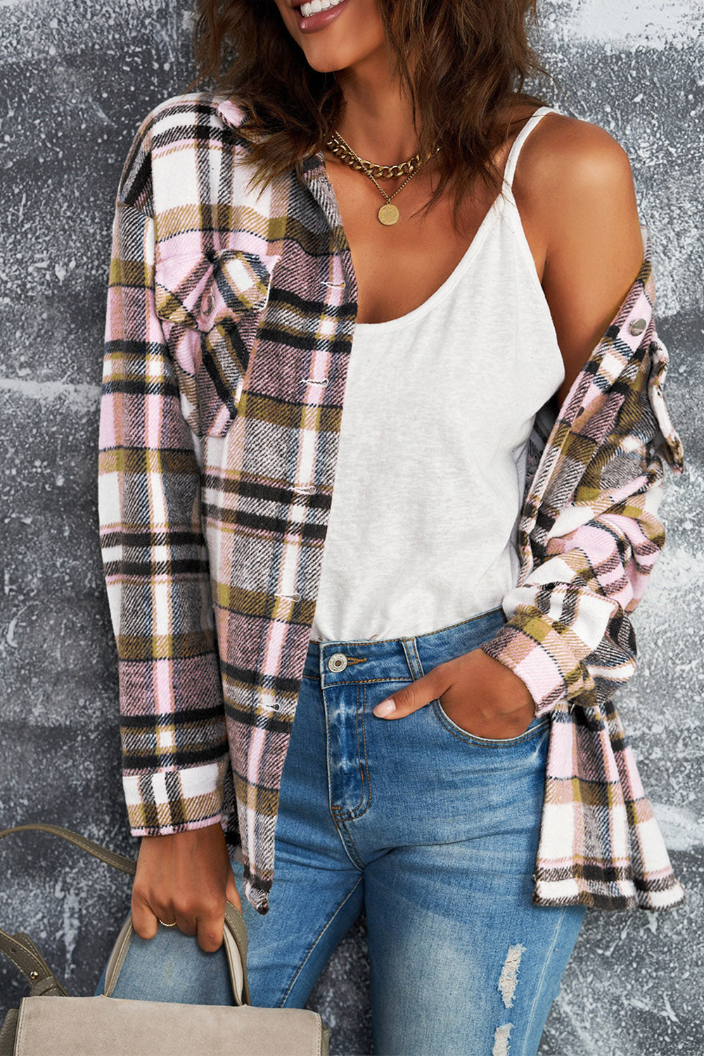 Brown Plaid Button Up Long Sleeve Flannel Jacket