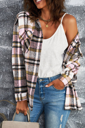 Brown Plaid Button Up Long Sleeve Flannel Jacket
