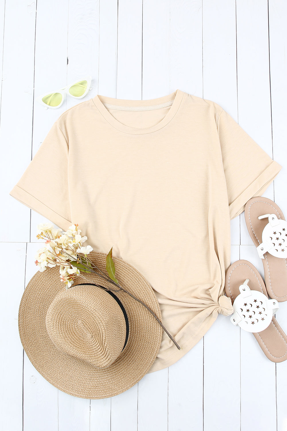 Green Plain Solid Color Crew Neck Tee
