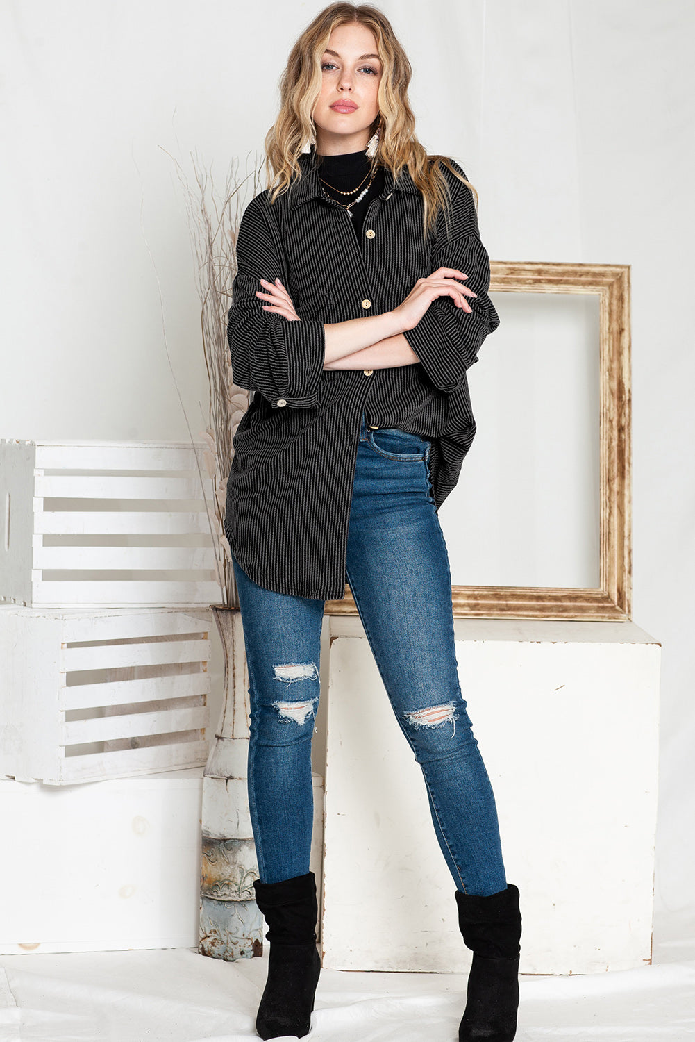 Pink Solid Color Textured Roll Tab Sleeve Shirt Shacket