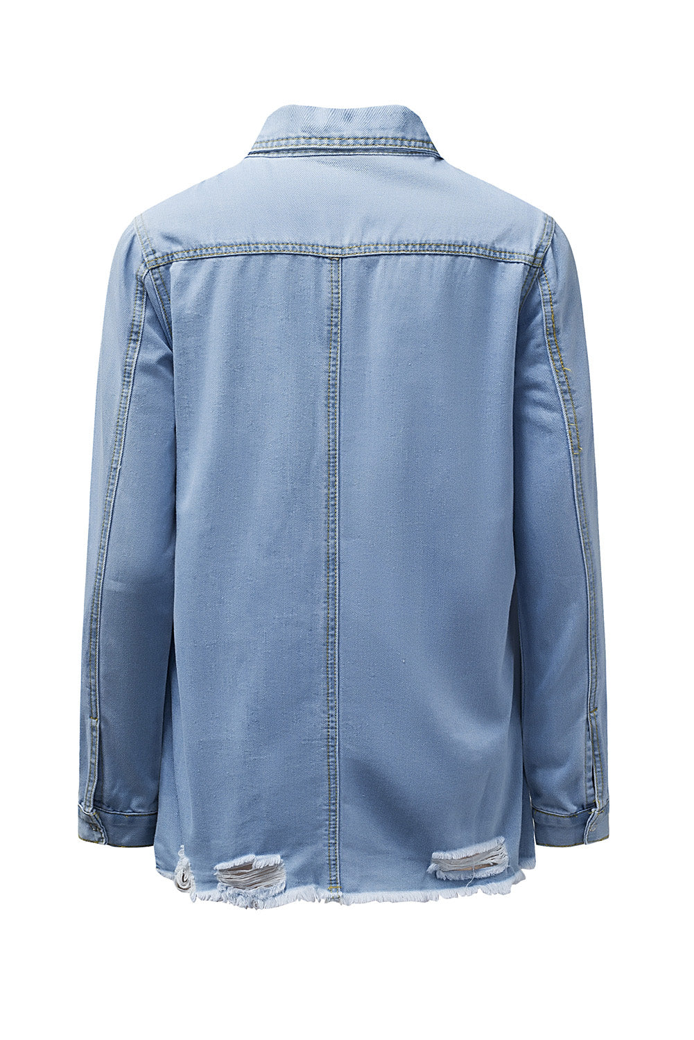 Green Casual Ripped Raw Hem Button Up Denim Shacket