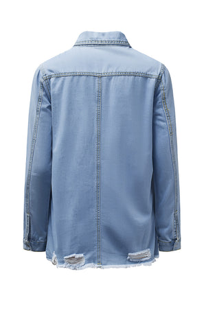 Green Casual Ripped Raw Hem Button Up Denim Shacket