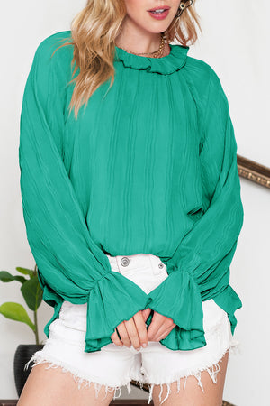 Black Crinkle Frilled Neck Pleated Long Sleeve Blouse