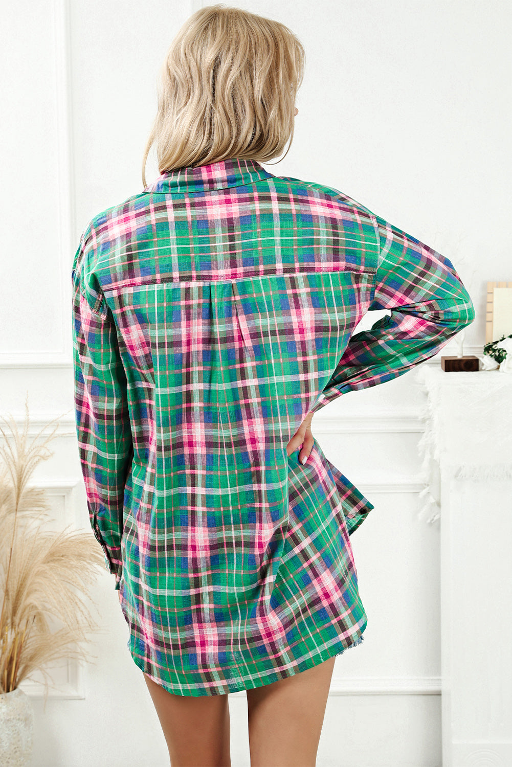 Green Plaid Long Sleeve Button Down Split Shirt