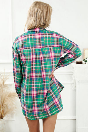 Green Plaid Long Sleeve Button Down Split Shirt