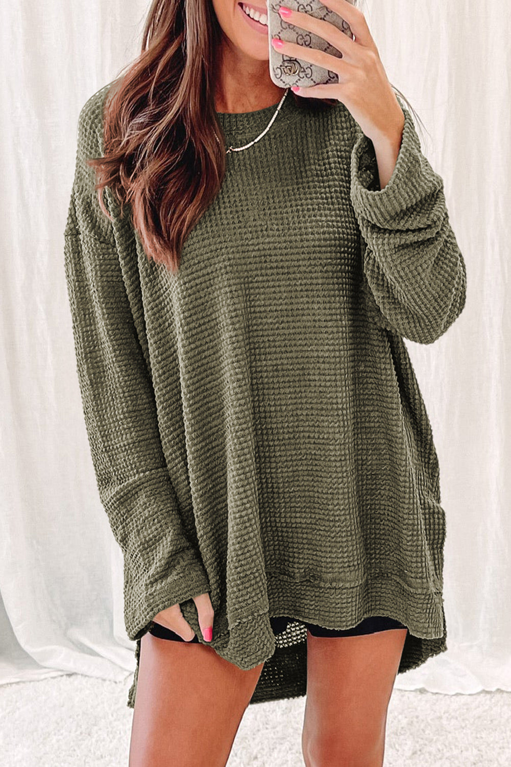 Black Plain Waffle Knit Drop Sleeve Side Slits Oversized Top