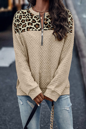 Gray Leopard Quilted Drop Shoulder Half Zipped Sweatshirt