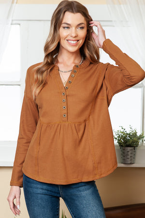 Brown Waffle Knit Casual Button Henley Top