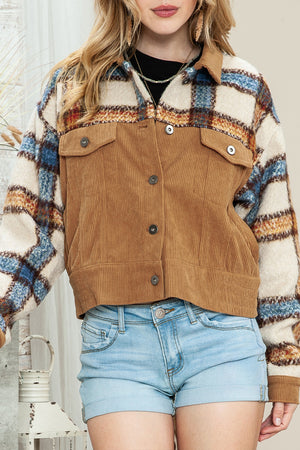 Green Plaid Corduroy Flap Pockets Boxy Chunky Jacket