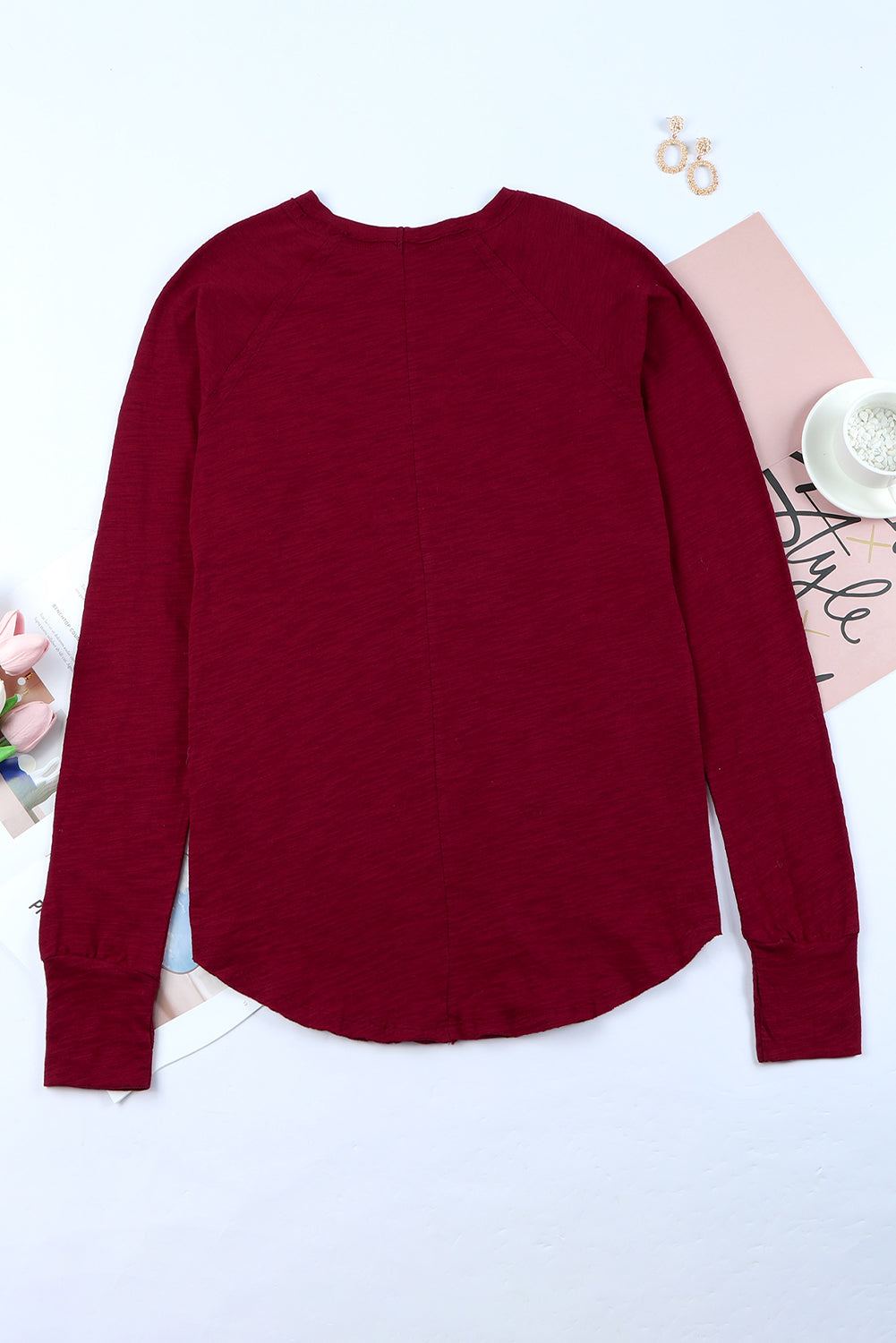 Red Solid Crew Neck Long Sleeve Top