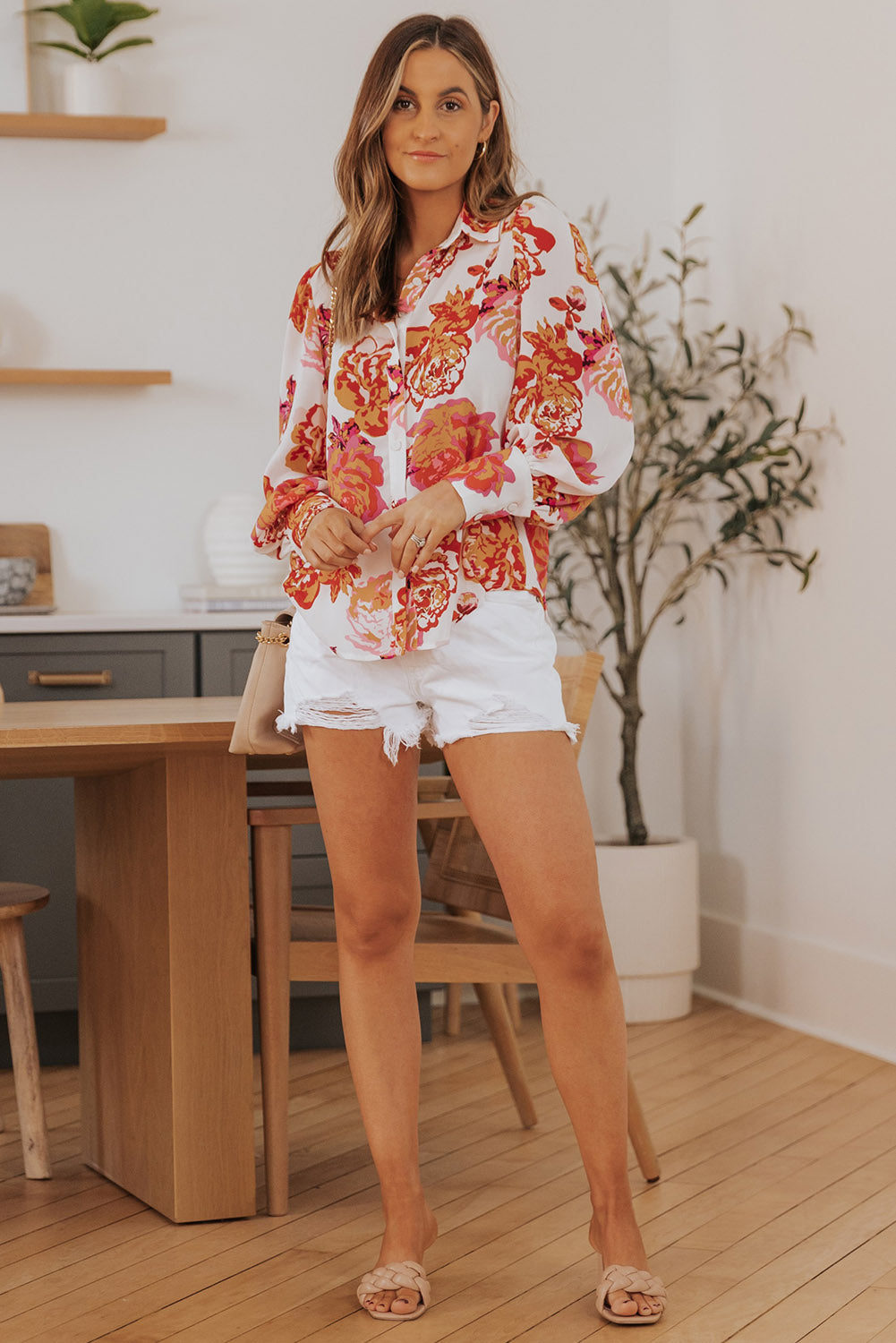 Multicolor Swirl Color Block Print Lantern Sleeve Shirt