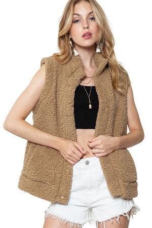 Green Snap Button Collared Stand Neck Sherpa Vest