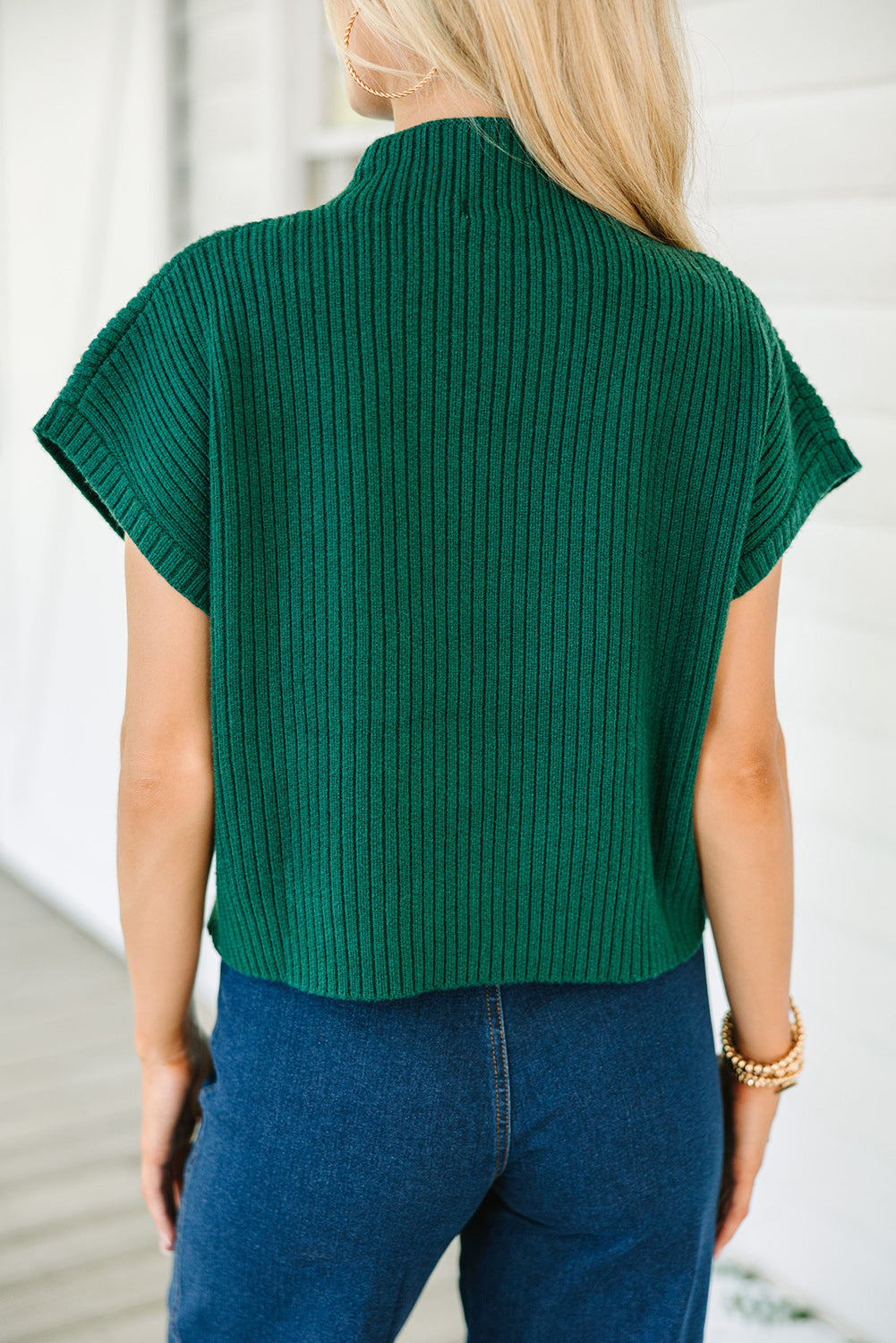 Green Patch Pocket Ribbed Knit Short Sleeve Sweater