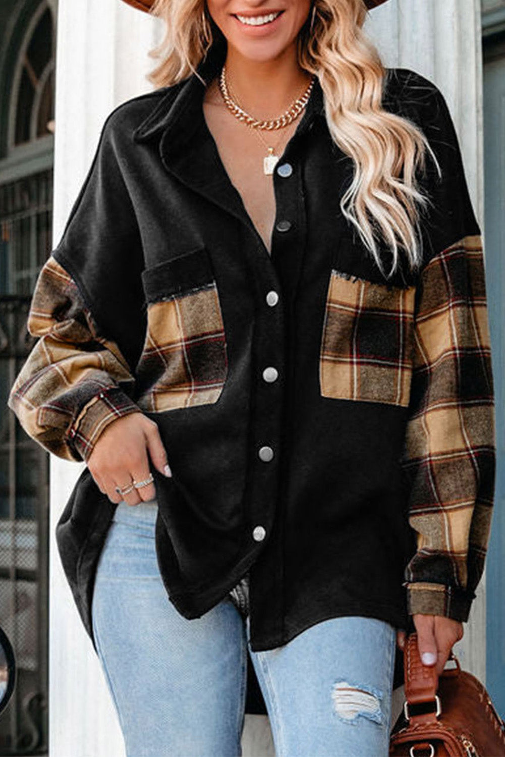 Rose Plaid Patchwork Chest Pockets Oversized Shirt Shacket