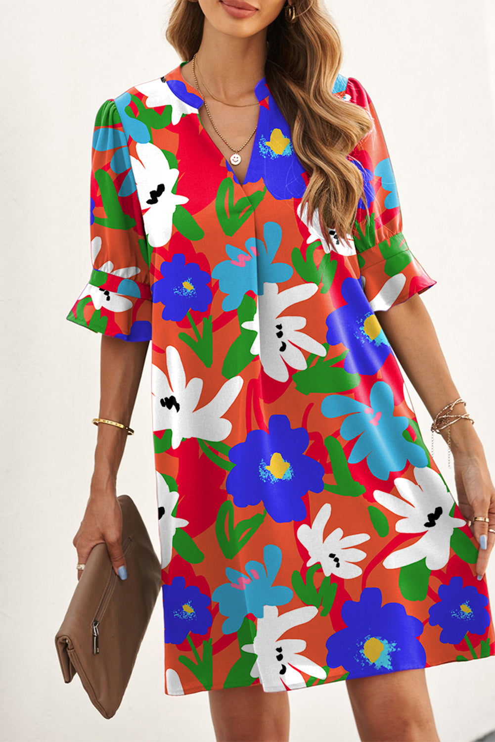 Rose Floral Print Mandarin Collar Short Sleeve Tunic Dress