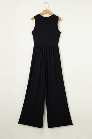 Black Cinched Waist Sleeveless Wide Leg Jumpsuit