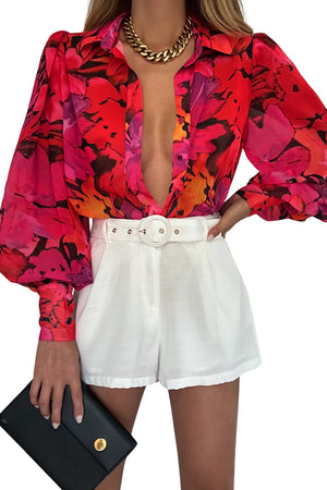 Multicolor Swirl Color Block Print Lantern Sleeve Shirt