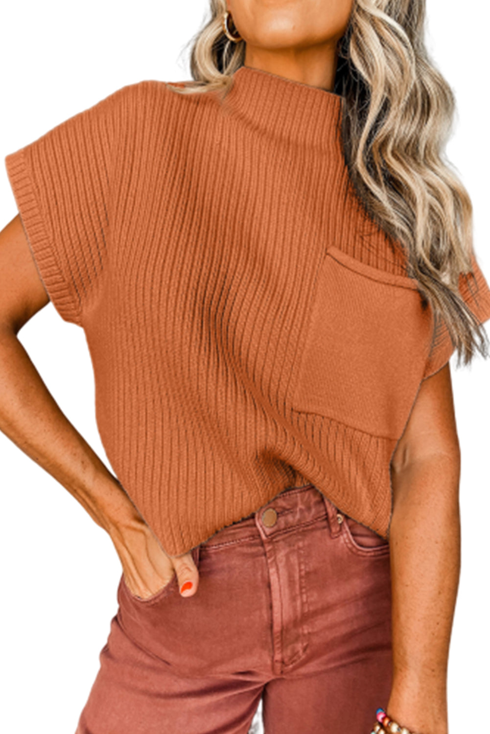 Green Patch Pocket Ribbed Knit Short Sleeve Sweater
