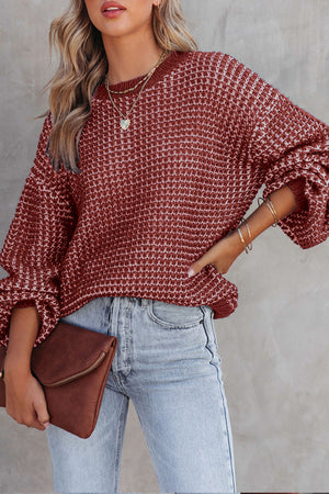 Green Heathered Knit Drop Shoulder Lantern Sleeve Sweater