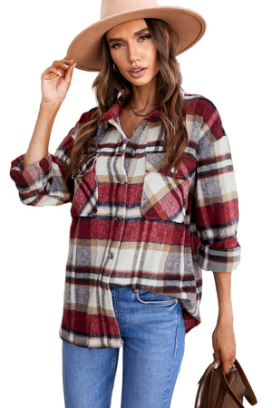 Brown Plaid Button Up Long Sleeve Flannel Jacket