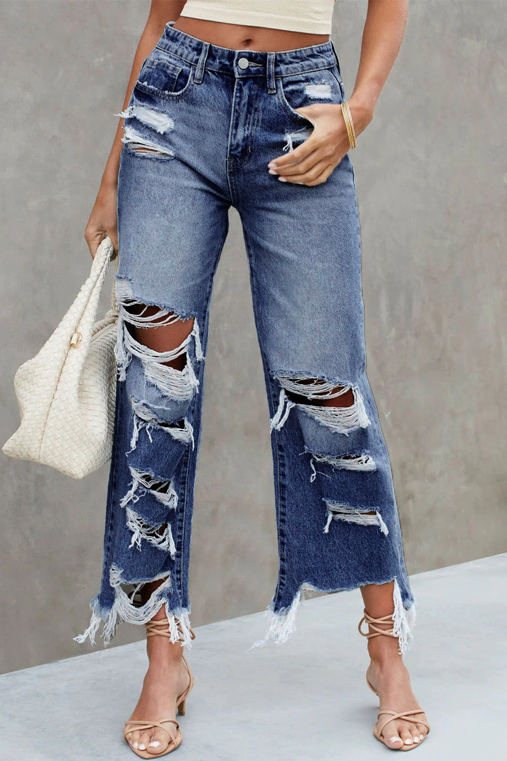 Sky Blue Heavy Destroyed Raw Hem Wide Leg Jeans