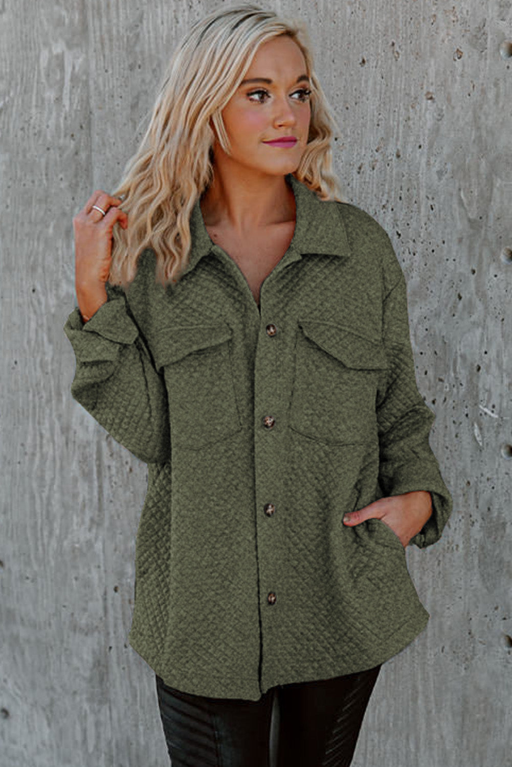 Black Lattice Texture Retro Flap Pocket Button Shacket