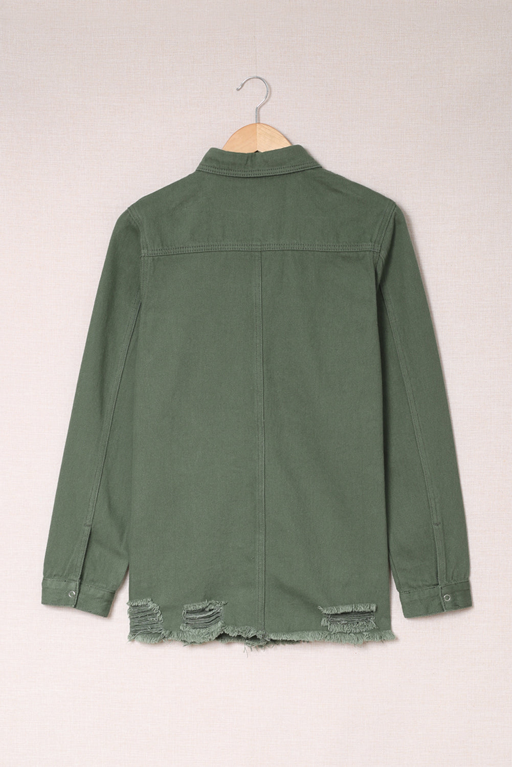 Green Casual Ripped Raw Hem Button Up Denim Shacket