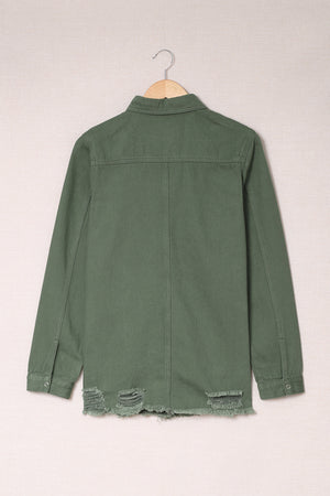 Green Casual Ripped Raw Hem Button Up Denim Shacket