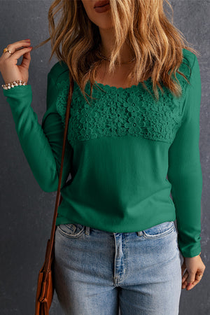 Green Lace Crochet V Neck Long Sleeve Top