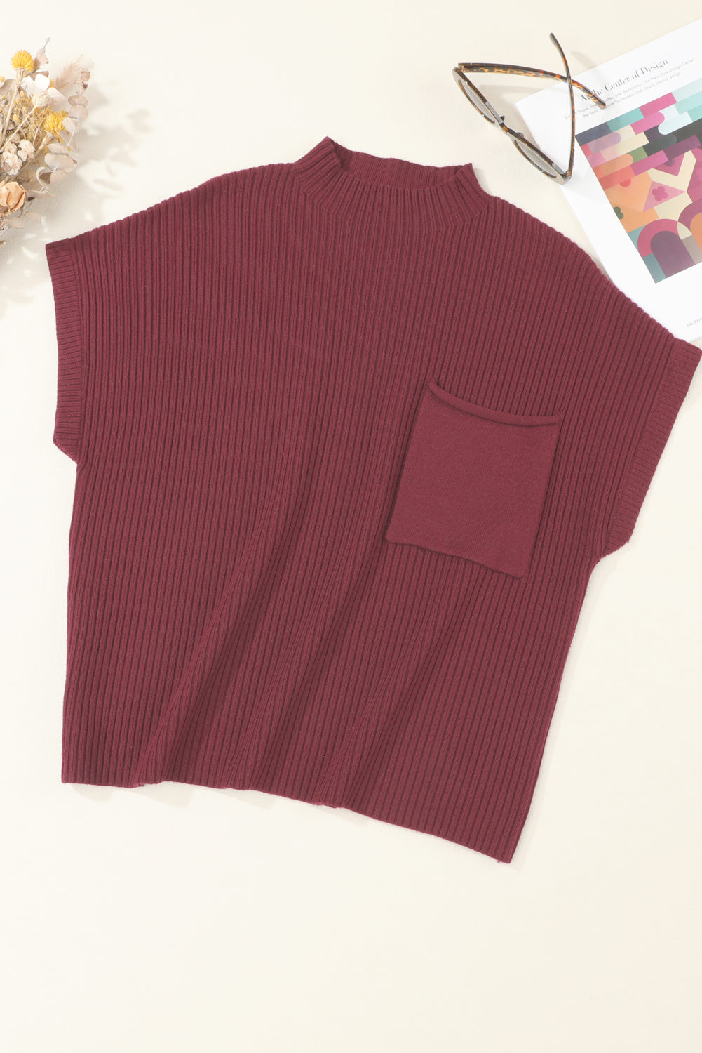 Green Patch Pocket Ribbed Knit Short Sleeve Sweater