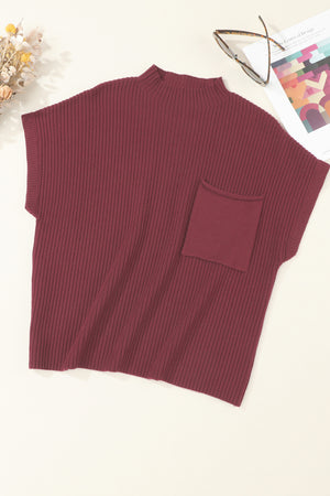 Green Patch Pocket Ribbed Knit Short Sleeve Sweater