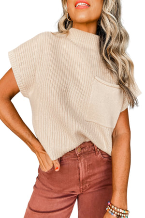 Green Patch Pocket Ribbed Knit Short Sleeve Sweater