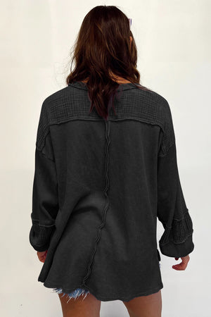 Black Waffle and Crinkle Patchwork Long Sleeve Top