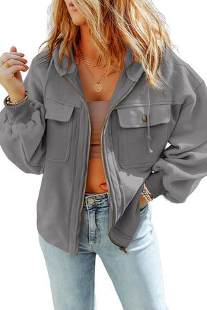 Grey Bishop Sleeve Zip Up Hoodie Jacket with Flap Pockets