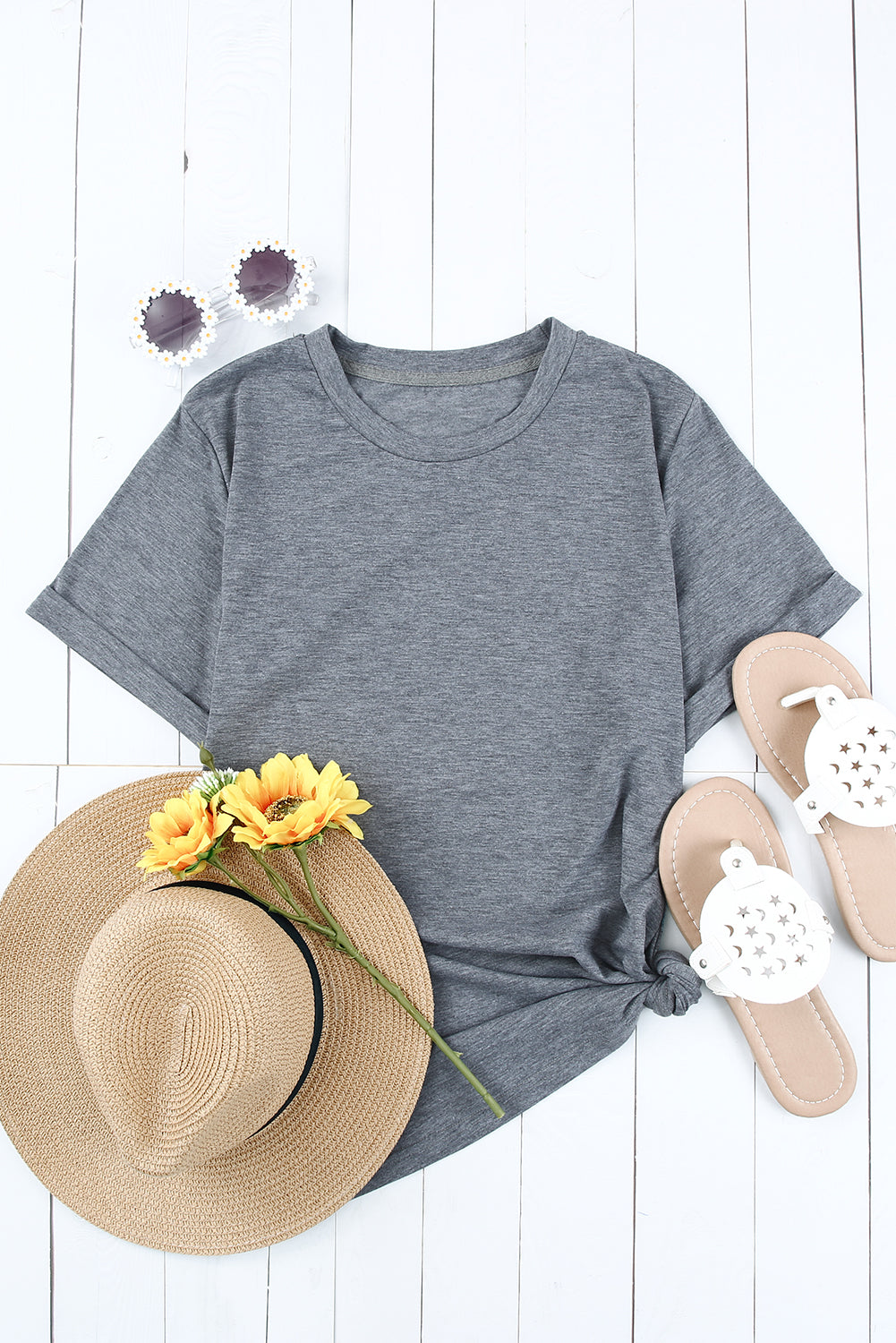 Green Plain Solid Color Crew Neck Tee