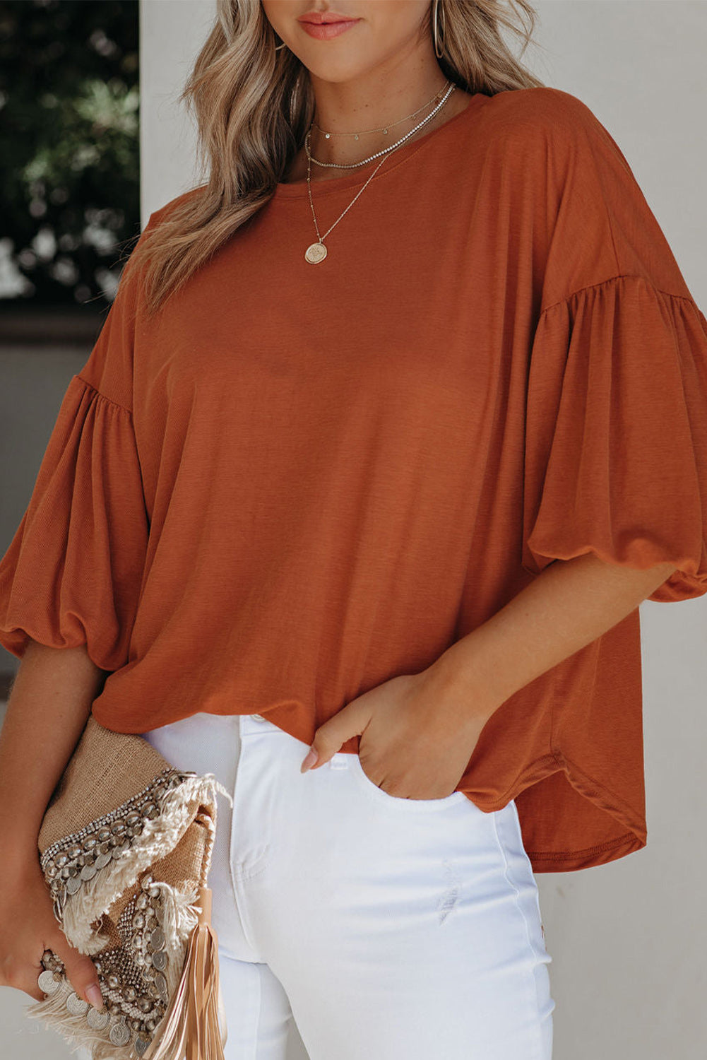 White Solid Color Casual Bubble Sleeve Blouse