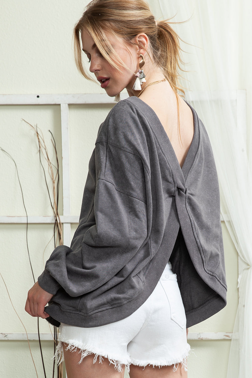 Gray Mineral Wash Twist Butterfly Oversize Sweatshirt